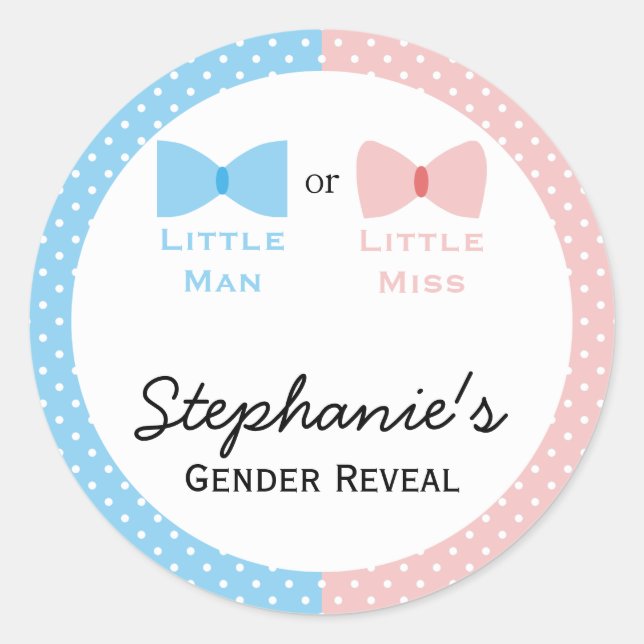 Blau, rosa Polka Dot Gender Reveal Bow und Bow Kra Runder Aufkleber (Vorderseite)