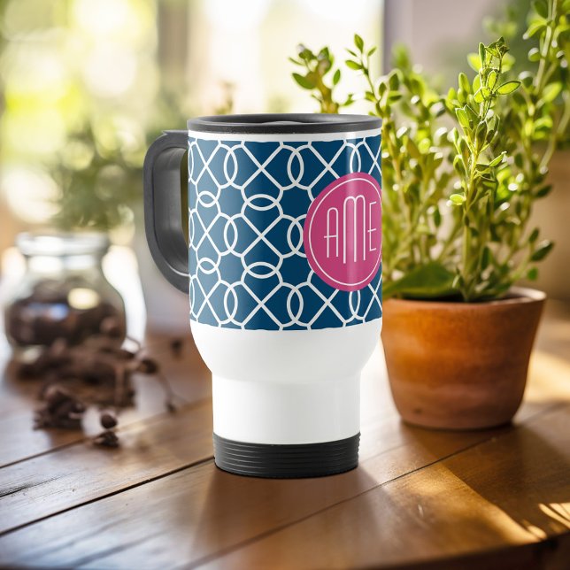 Blau-rosa und blau geometrische Muster Monogramme Reisebecher (Personalized travel mug - add photos and text or customize completely)