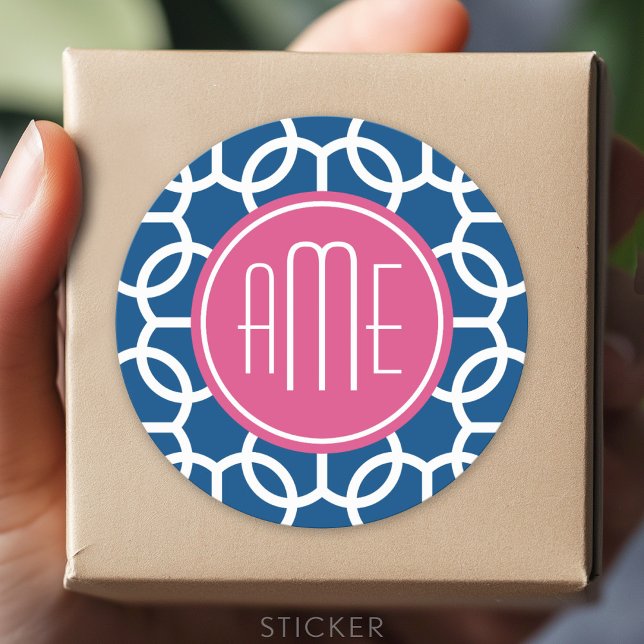 Blau-rosa und blau geometrische Muster Monogramme Runder Aufkleber (Custom Sticker for Party Favors and Envelopes)