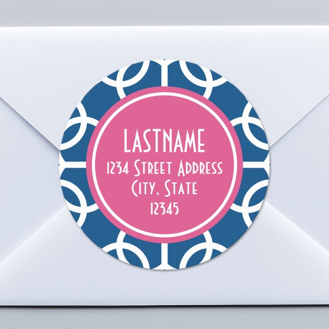 Blau-rosa und blau geometrische Muster Monogramme Runder Aufkleber (Custom Return Address Sticker)