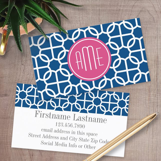 Blau-rosa und blau geometrische Muster Monogramme Visitenkarte (Custom Printed Business Cards)