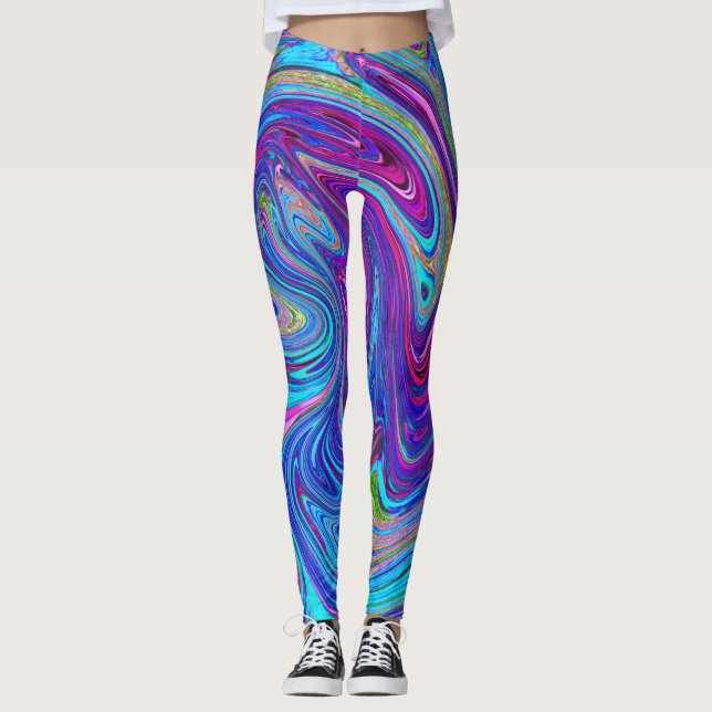 Blau, Rosa und Lila Groovy Abstrakt Retro Art Leggings (Vorderseite)