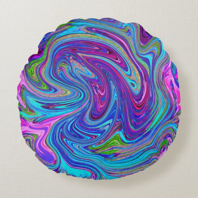Blau, Rosa und Lila Groovy Abstrakt Retro Art Rundes Kissen (Vorderseite)