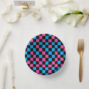 Blau Rosa und Schwarz kariertes Muster Pappteller