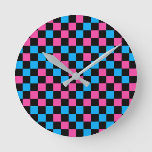 Blau Rosa und Schwarz kariertes Muster Runde Wanduhr
