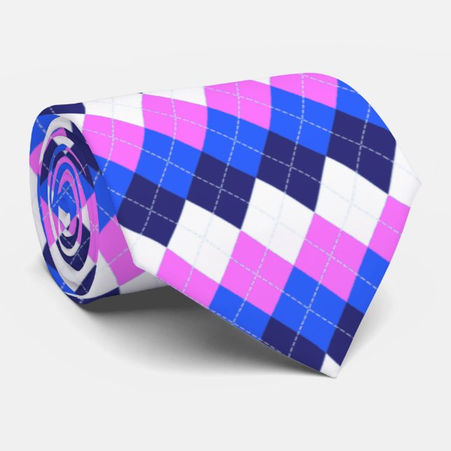 Blau, Rosa und Weiß Raute Krawatte (Gerollt)