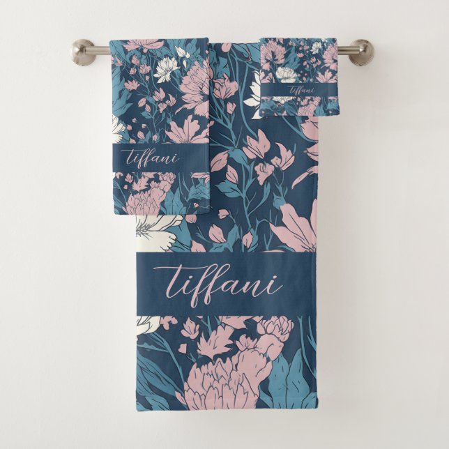Blau Rosa Weiße Blume Blauer Hintergrund Badhandtuch Set (Insitu)