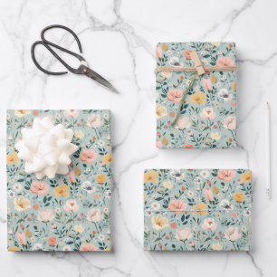 Blau Rosa Weiße Blumige Geburtstags-Brautjungfernp Geschenkpapier Set