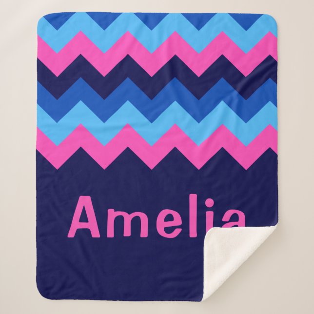 Blau-rosa-Zickzack-Monogramm-Mittlere Sherpa-Blank Sherpadecke (Vorderseite)