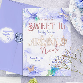 Blau, Rose Gold Sweet 16 Wild Blume Letters Folieneinladung