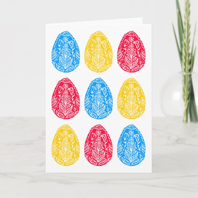Blau/rot/gelb Rustikale Osterneier Linocut Karte (Vorderseite)