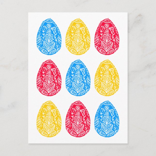 Blau/rot/gelb Rustikale Osterneier Linocut Postkarte (Vorderseite)
