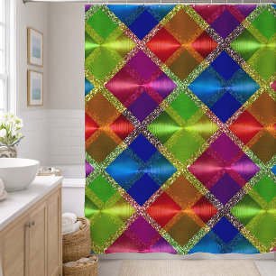Blau Rot Grün Glitzer Karo Design Duschvorhang