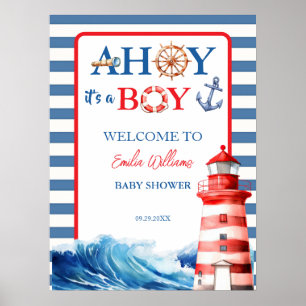 Blau Rot Nautilus Ahoy Junge Leuchtturm Babyparty Poster
