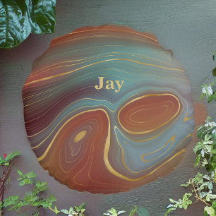 Blau Rot und Tan Agate Look mit Gold Rundes Kissen