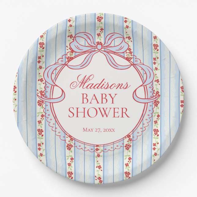 Blau & Rot Vintage Fancy Florales Babyshower Pappteller (Vorderseite)