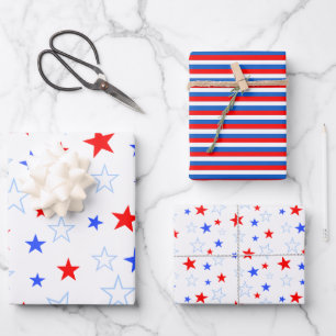Blau Rot Weiß Sterne und Streifen Geschenkpapier S Set