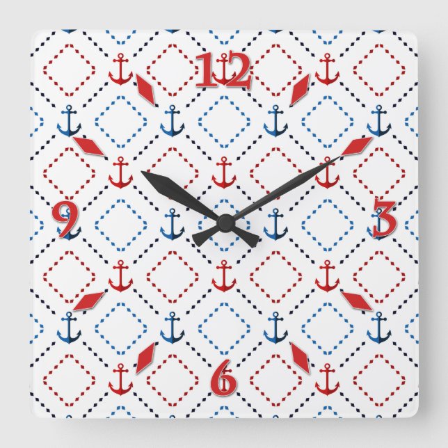 Blau, Rote Anker, Marine Quadratische Wanduhr (Vorderseite)