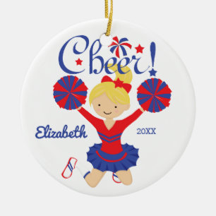 Blau-rote Cheer-Blondine-Cheerleader-Ornament Keramikornament