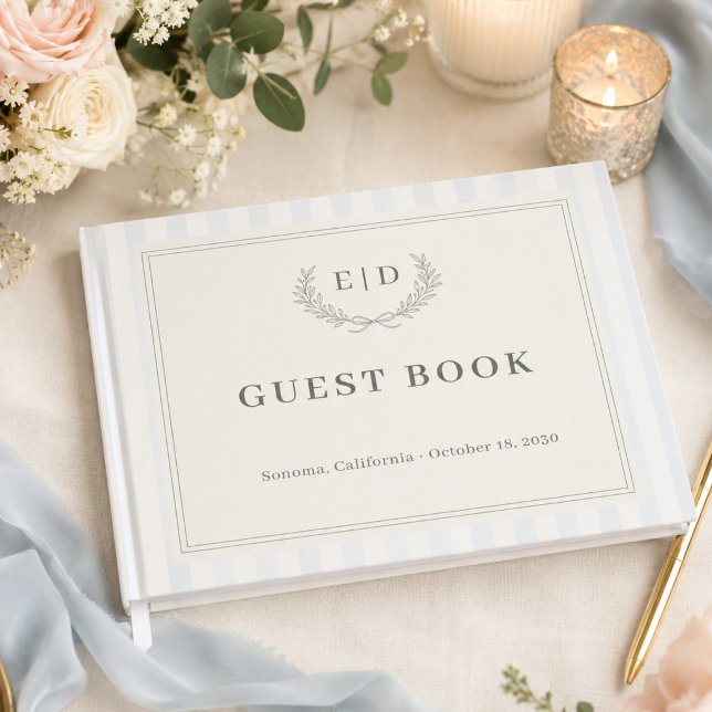 Blau & Salbei gestreifte Monogramm-Hochzeit Gästebuch (Von Creator hochgeladen)