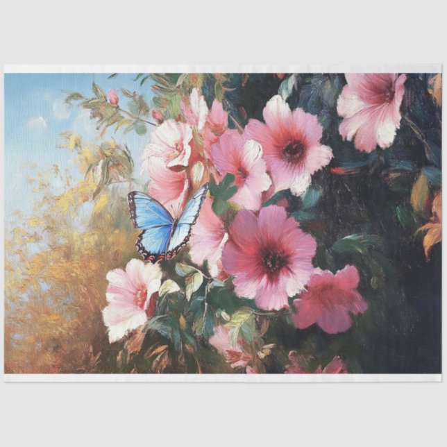 Blau-Schmetterling-Rosa-Blume Malerei Decoupage Seidenpapier (Vorderseite)