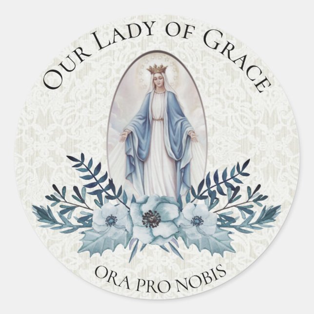 Blau |Schrift | Jungfrau Mary | Spitze Runder Aufkleber (Vorderseite)