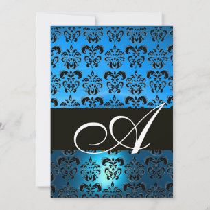 BLAU SCHWARZ DAMAST MONOGRAMM, hellweiß Einladung