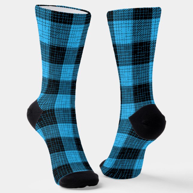 Blau Schwarz Kreuzschraffur Büffel Karo Socken (Gewinkelt)