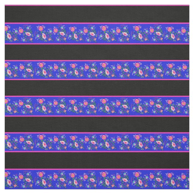 Blau/Schwarz, rosa Button Streifen, Folkloreblüte Stoff (Muster)