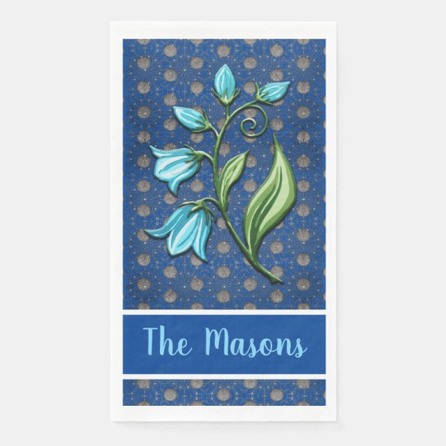 Blau, Schwarz und Grau Polka Dots Blumen Serviette (Vorderseite)