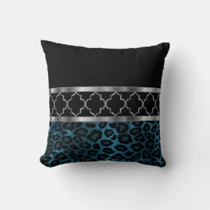 Blau, Schwarz und Silber Quatrefolie und Leopard Kissen