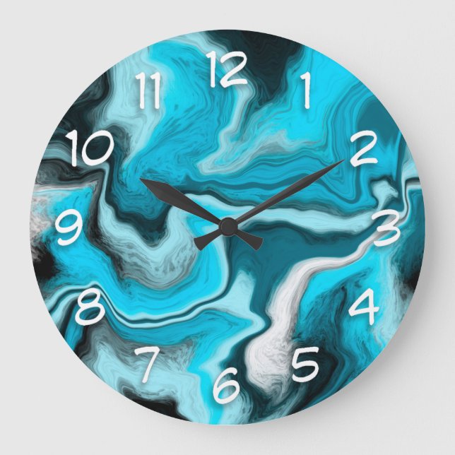 Blau, Schwarz und Weiß-Marmor-Fluid Art Große Wanduhr (Vorderseite)