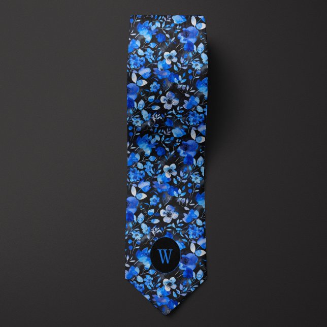 Blau-Schwarz-Wasserfarben-Floral-Monogramm Krawatte (Von Creator hochgeladen)
