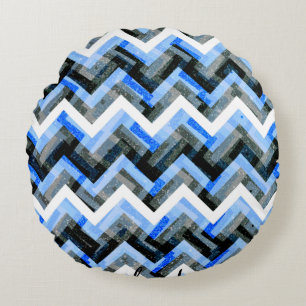 Blau Schwarz Weiß Chevron Texturiert Rundes Kissen