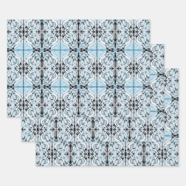 Blau Schwarz-weiß Curly Abstrakt Repeat Pattern Geschenkpapier Set