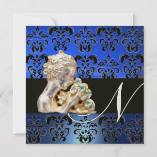 BLAU, SCHWARZ, WEISS, DAMASK JEWEL MONOGRAM EINLADUNG
