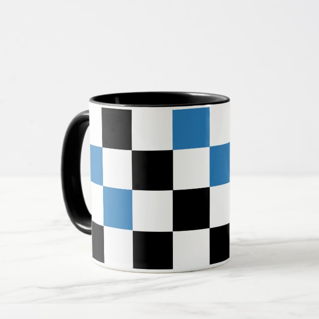 Blau Schwarz Weiß kariertes Musterdesign  Tasse (Vorderseite Links)