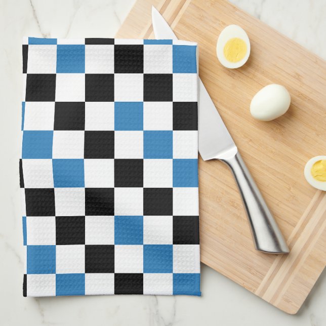 Blau Schwarz Weiß Karomuster Design  Geschirrtuch (Viertel Falte)
