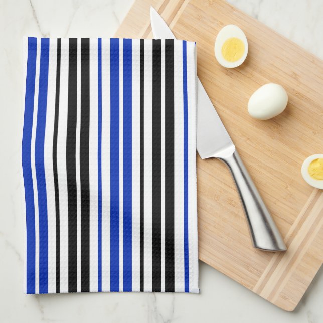 Blau Schwarz Weiß Streifen Muster Design  Geschirrtuch (Viertel Falte)