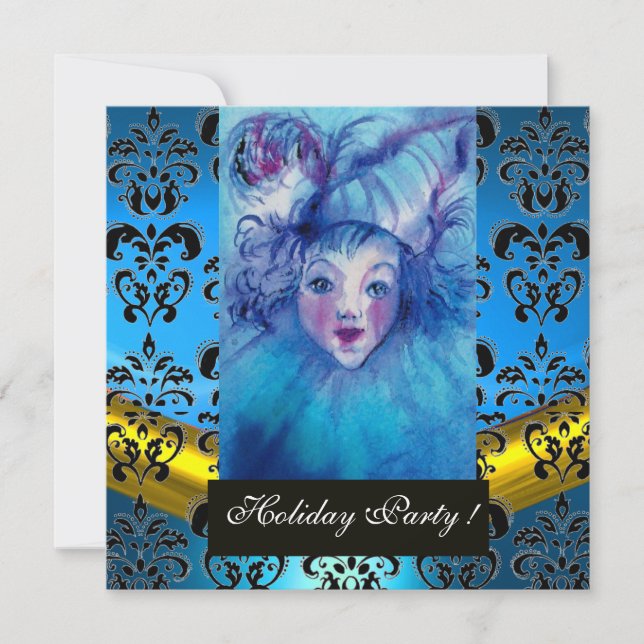 BLAU, SCHWARZE GOLD-DAMASK-MONOGRAMM, Saphir Einladung (Vorderseite)