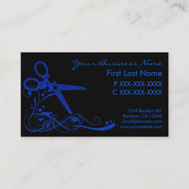 Blau schwarzer Glitzer wirbelnde Haare schneiden V Visitenkarte (Vorderseite)