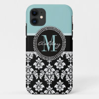 BLAU, SCHWARZES DAMASK, DEIN MONOGRAM, IHRER NAME