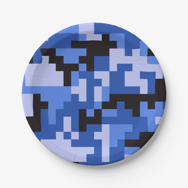 Blau Schwarzes Pixel-Armee-Tarnmuster Pappteller (Vorderseite)