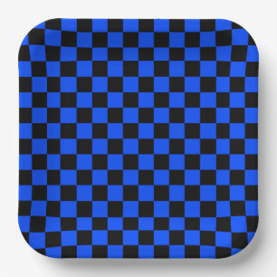 Blau-schwarzes Schachbrettmuster Pappteller