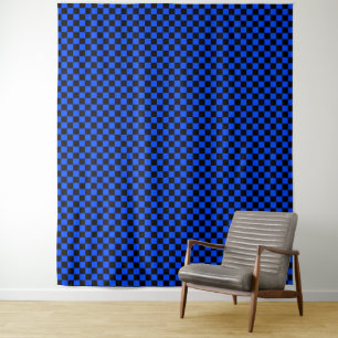 Blau-schwarzes Schachbrettmuster Wandteppich