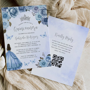 Blau Silber Blumen Wasserfarbe QR-Code Quinceañera Einladung