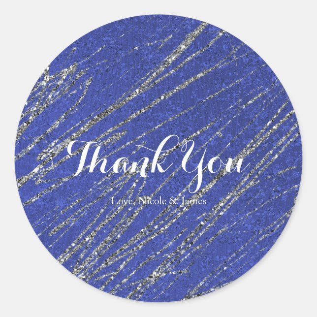 Blau & Silber Modernes Glam Marmorstreifen Party Runder Aufkleber (Vorderseite)