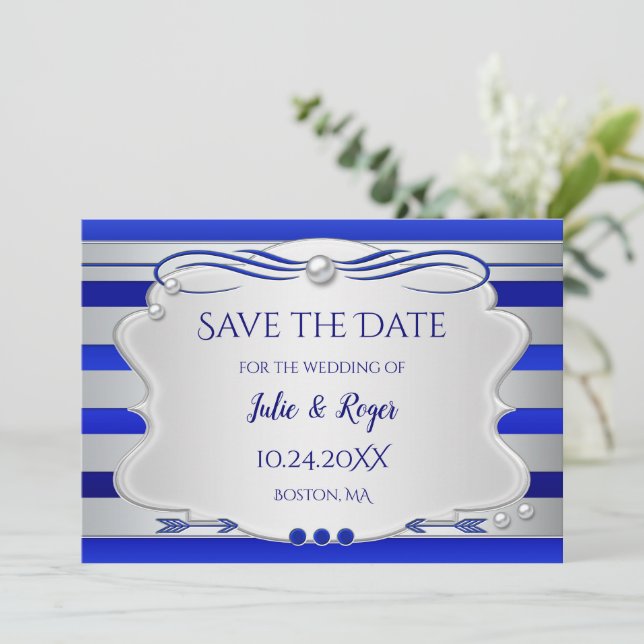 Blau-Silber-Streifen-Foto Save the Date-Karte Save The Date (Stehend Vorderseite)