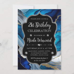 Blau, Silber und Gold Alkohol-Tinte 21. Geburtstag Einladung