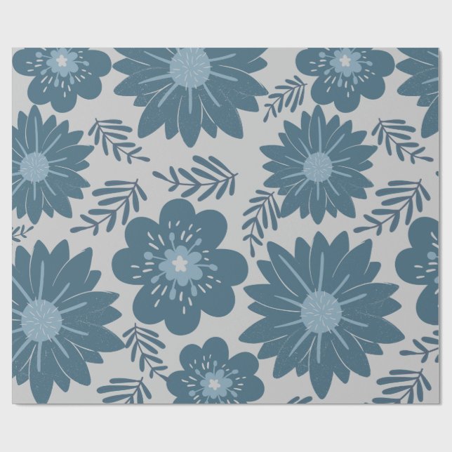 Blau Silber Wasserfarbenfloral Geschenkpapier (Flach)